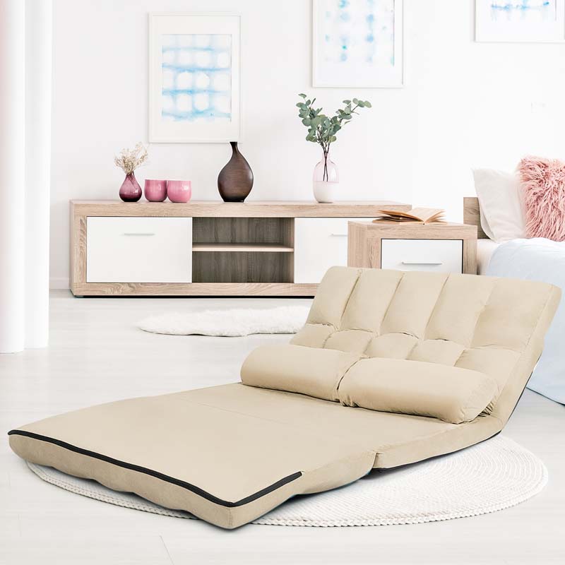 6-Position Adjustable Floor Sofa Bed, Foldable Lazy Sleeper with 2 Pillows & Suede Cover, Convertible Futon Couch Bed for Living Room & Gaming