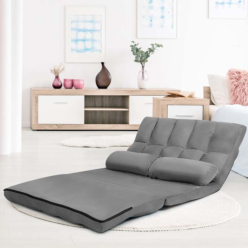 6-Position Adjustable Floor Sofa Bed, Foldable Lazy Sleeper with 2 Pillows & Suede Cover, Convertible Futon Couch Bed for Living Room & Gaming