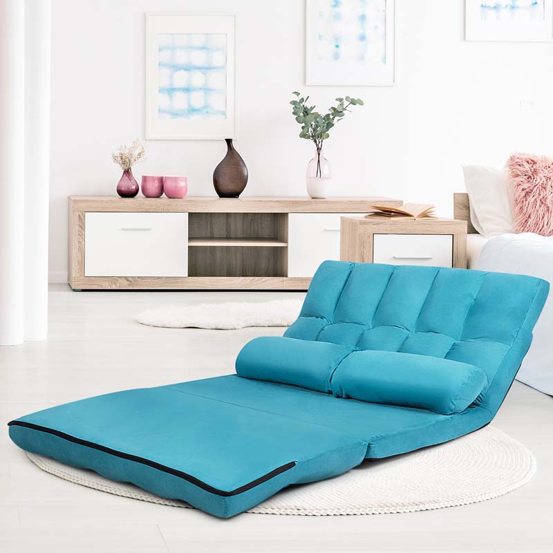 6-Position Adjustable Floor Sofa Bed, Foldable Lazy Sleeper with 2 Pillows & Suede Cover, Convertible Futon Couch Bed for Living Room & Gaming