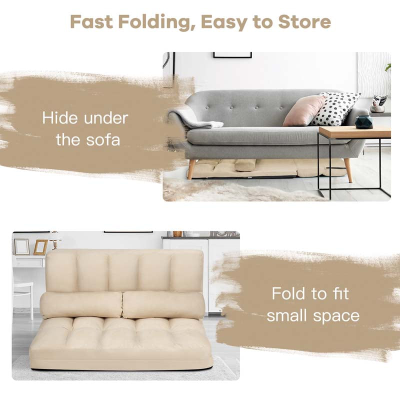 6-Position Adjustable Floor Sofa Bed, Foldable Lazy Sleeper with 2 Pillows & Suede Cover, Convertible Futon Couch Bed for Living Room & Gaming