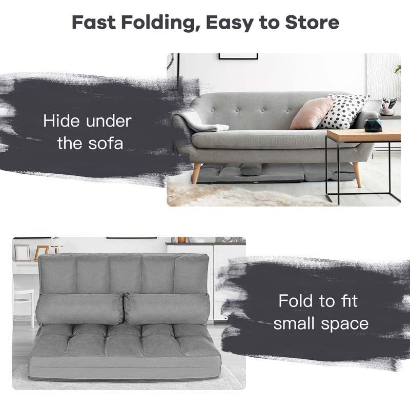 6-Position Adjustable Floor Sofa Bed, Foldable Lazy Sleeper with 2 Pillows & Suede Cover, Convertible Futon Couch Bed for Living Room & Gaming