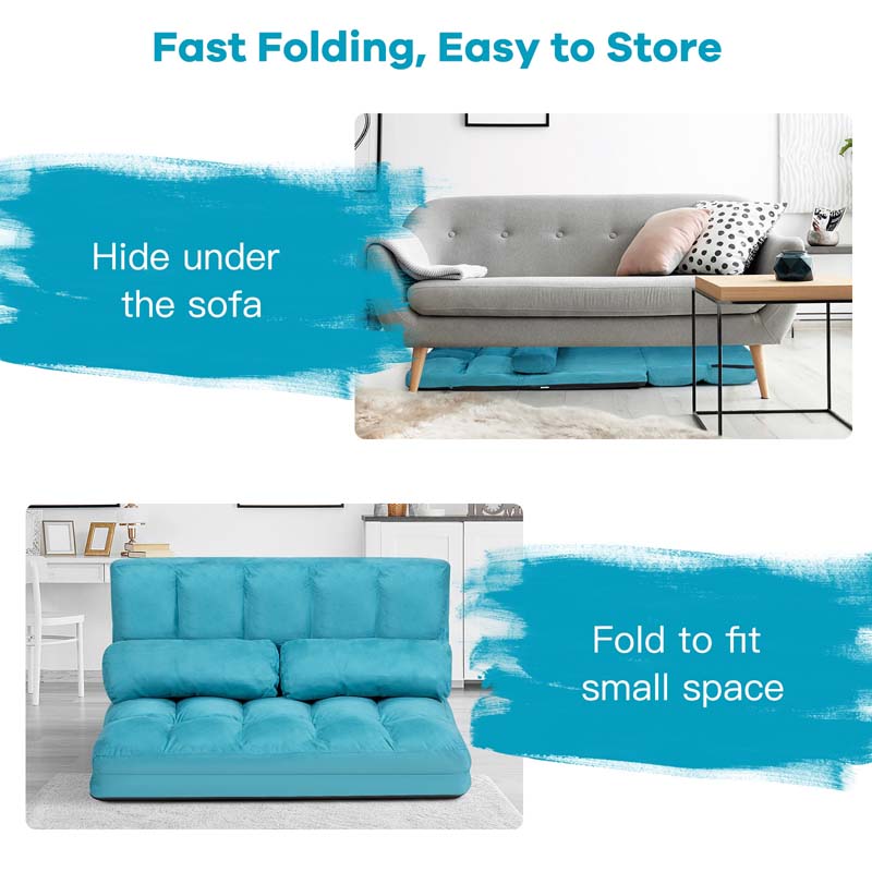 6-Position Adjustable Floor Sofa Bed, Foldable Lazy Sleeper with 2 Pillows & Suede Cover, Convertible Futon Couch Bed for Living Room & Gaming