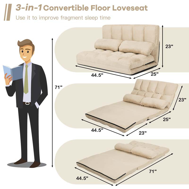 6-Position Adjustable Floor Sofa Bed, Foldable Lazy Sleeper with 2 Pillows & Suede Cover, Convertible Futon Couch Bed for Living Room & Gaming
