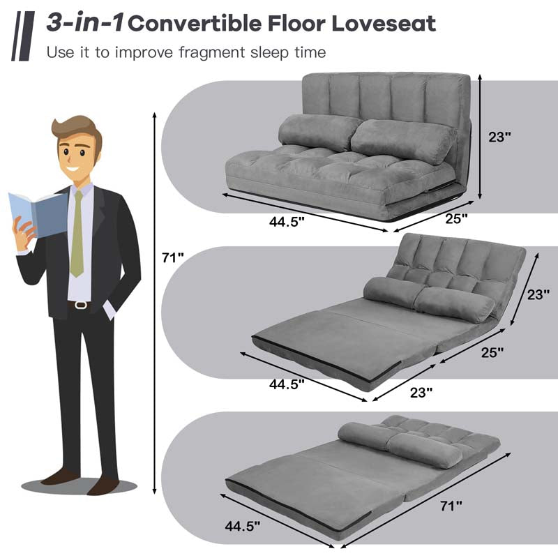 6-Position Adjustable Floor Sofa Bed, Foldable Lazy Sleeper with 2 Pillows & Suede Cover, Convertible Futon Couch Bed for Living Room & Gaming