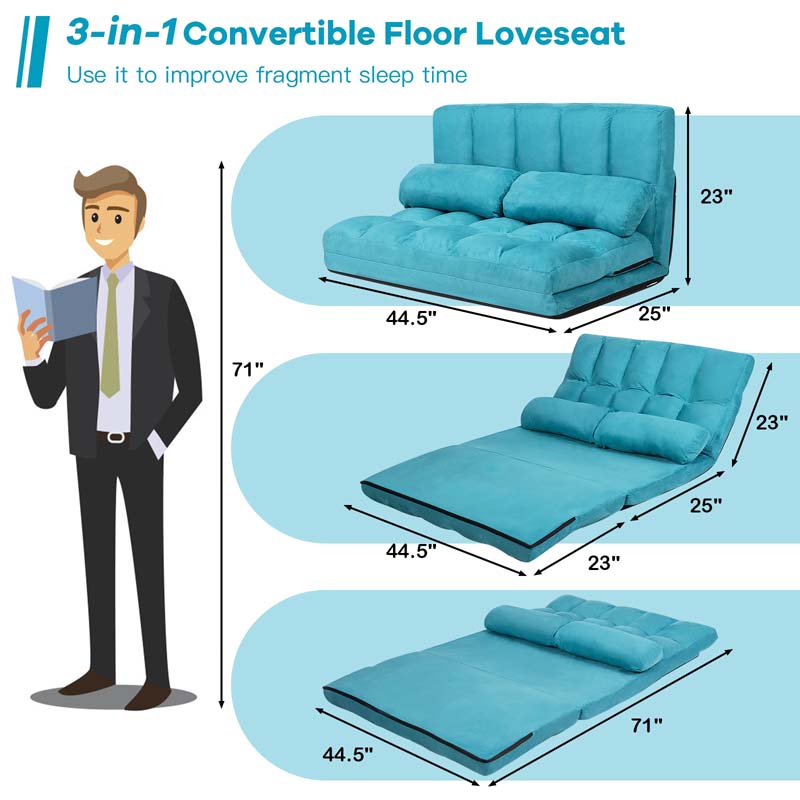 6-Position Adjustable Floor Sofa Bed, Foldable Lazy Sleeper with 2 Pillows & Suede Cover, Convertible Futon Couch Bed for Living Room & Gaming