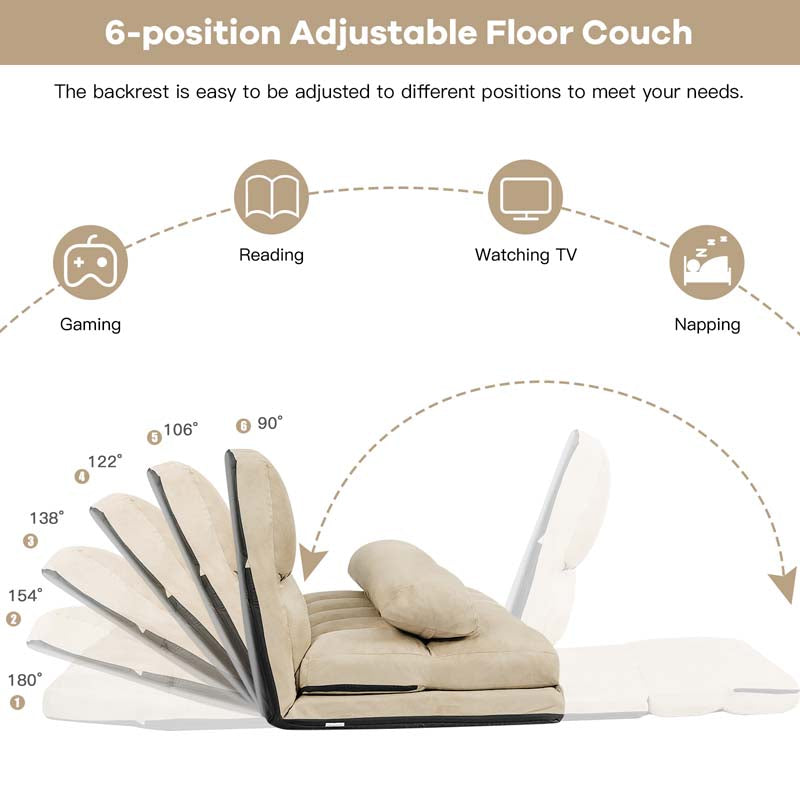 6-Position Adjustable Floor Sofa Bed, Foldable Lazy Sleeper with 2 Pillows & Suede Cover, Convertible Futon Couch Bed for Living Room & Gaming