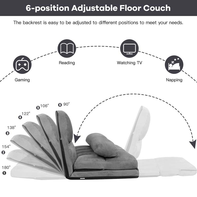 6-Position Adjustable Floor Sofa Bed, Foldable Lazy Sleeper with 2 Pillows & Suede Cover, Convertible Futon Couch Bed for Living Room & Gaming