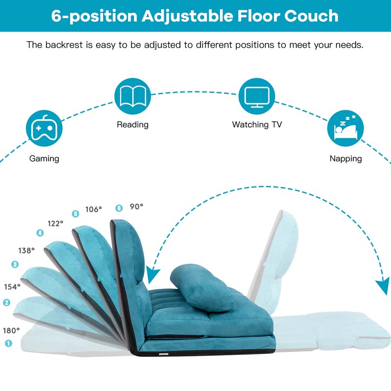 6-Position Adjustable Floor Sofa Bed, Foldable Lazy Sleeper with 2 Pillows & Suede Cover, Convertible Futon Couch Bed for Living Room & Gaming