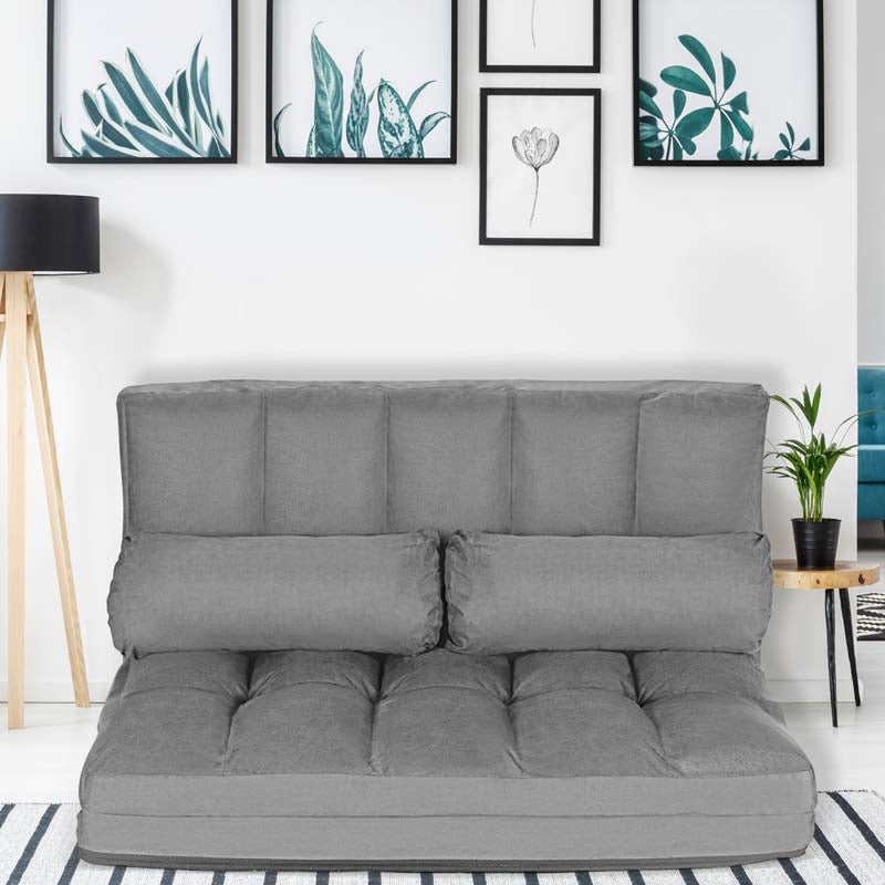 6-Position Adjustable Floor Sofa Bed, Foldable Lazy Sleeper with 2 Pillows & Suede Cover, Convertible Futon Couch Bed for Living Room & Gaming