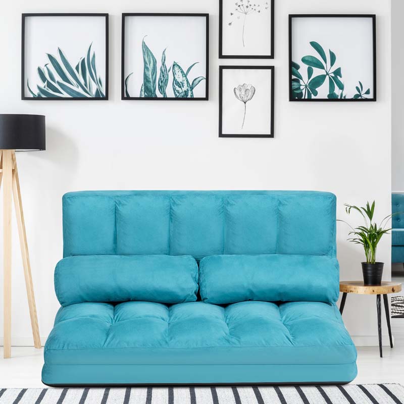 6-Position Adjustable Floor Sofa Bed, Foldable Lazy Sleeper with 2 Pillows & Suede Cover, Convertible Futon Couch Bed for Living Room & Gaming