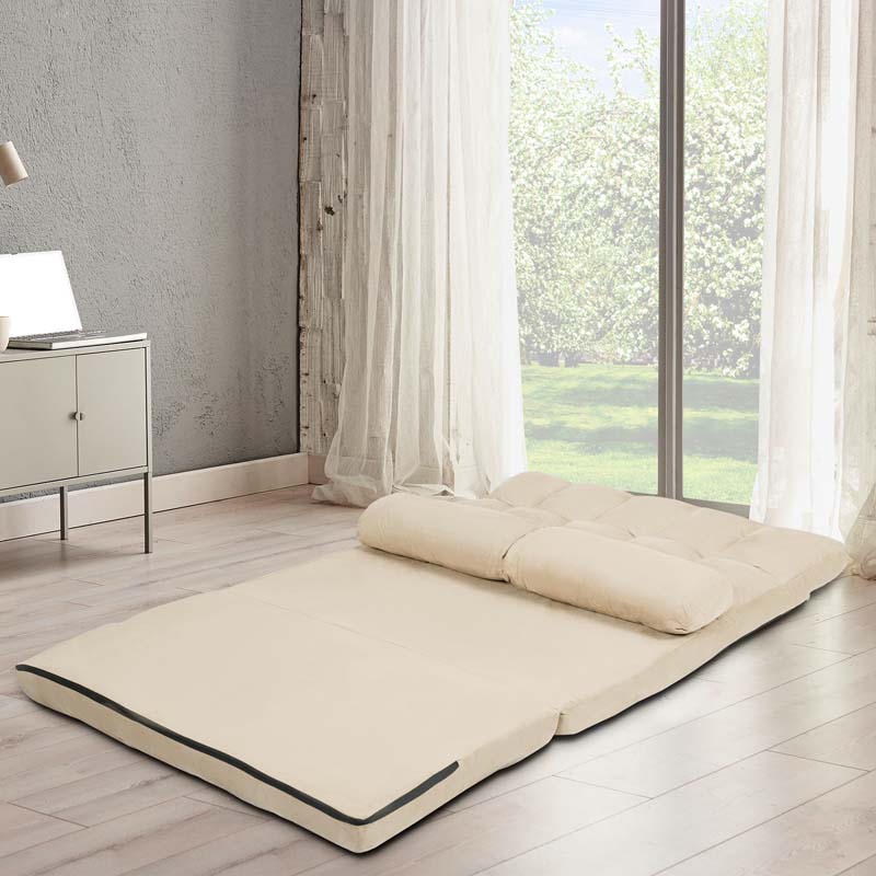 6-Position Adjustable Floor Sofa Bed, Foldable Lazy Sleeper with 2 Pillows & Suede Cover, Convertible Futon Couch Bed for Living Room & Gaming