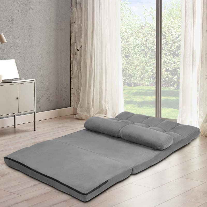 6-Position Adjustable Floor Sofa Bed, Foldable Lazy Sleeper with 2 Pillows & Suede Cover, Convertible Futon Couch Bed for Living Room & Gaming
