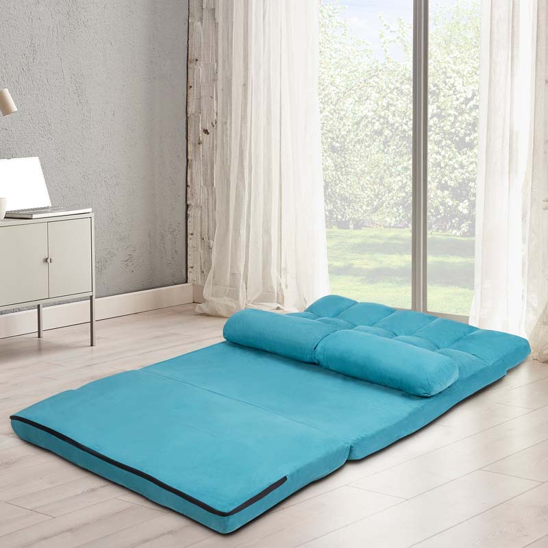 6-Position Adjustable Floor Sofa Bed, Foldable Lazy Sleeper with 2 Pillows & Suede Cover, Convertible Futon Couch Bed for Living Room & Gaming