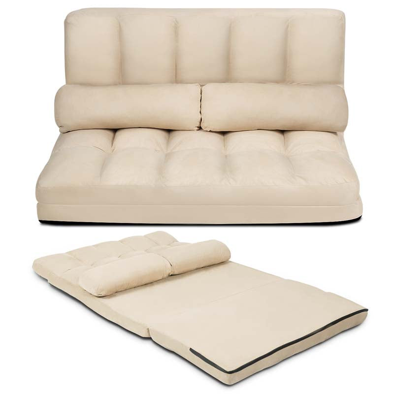 6-Position Adjustable Floor Sofa Bed, Foldable Lazy Sleeper with 2 Pillows & Suede Cover, Convertible Futon Couch Bed for Living Room & Gaming