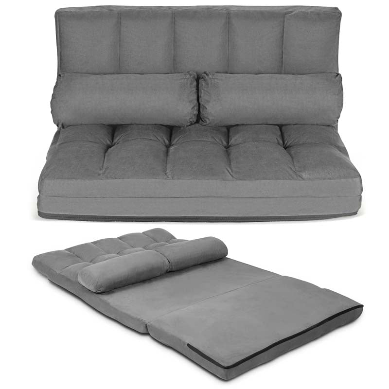6-Position Adjustable Floor Sofa Bed, Foldable Lazy Sleeper with 2 Pillows & Suede Cover, Convertible Futon Couch Bed for Living Room & Gaming