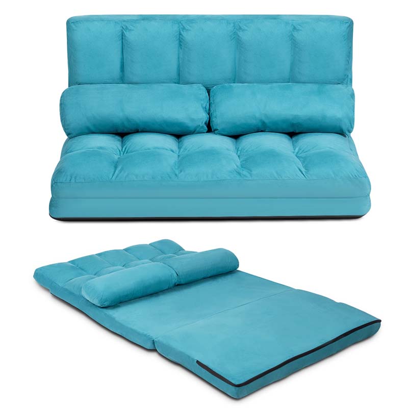 6-Position Adjustable Floor Sofa Bed, Foldable Lazy Sleeper with 2 Pillows & Suede Cover, Convertible Futon Couch Bed for Living Room & Gaming