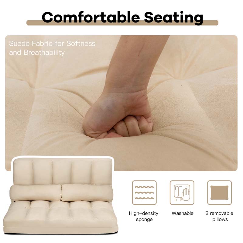 6-Position Adjustable Floor Sofa Bed, Foldable Lazy Sleeper with 2 Pillows & Suede Cover, Convertible Futon Couch Bed for Living Room & Gaming