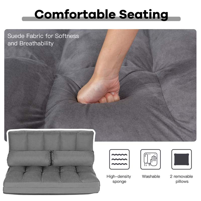 6-Position Adjustable Floor Sofa Bed, Foldable Lazy Sleeper with 2 Pillows & Suede Cover, Convertible Futon Couch Bed for Living Room & Gaming