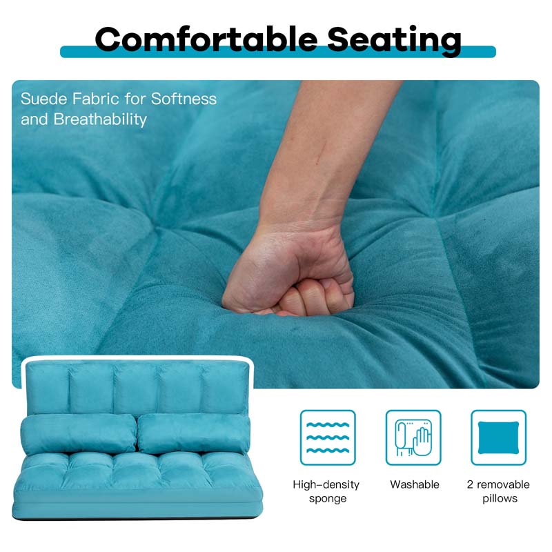 6-Position Adjustable Floor Sofa Bed, Foldable Lazy Sleeper with 2 Pillows & Suede Cover, Convertible Futon Couch Bed for Living Room & Gaming