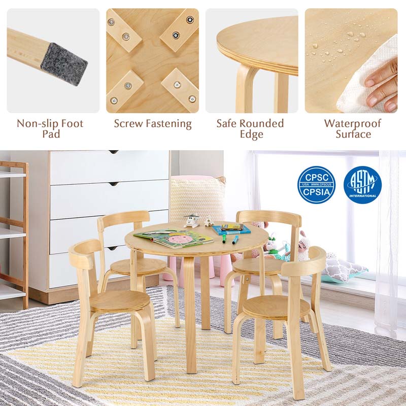 5 Piece Bentwood Kids Table & Chair Set, Toddler Activity Table with Toy Bricks & 4 Chairs for Craft Art, Daycare, Playroom & Classroom