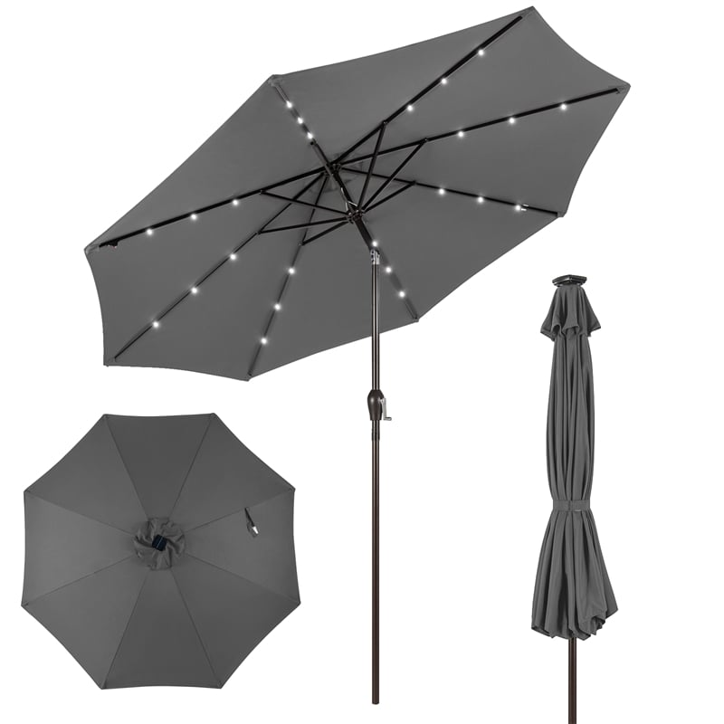 10FT Patio Umbrella with Solar LED Lights & Crank, Easy Tilt Outdoor Market Umbrella for Backyard, Poolside, Deck