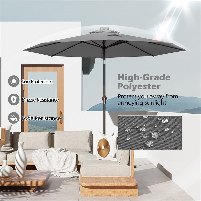 10FT Patio Umbrella with Solar LED Lights & Crank, Easy Tilt Outdoor Market Umbrella for Backyard, Poolside, Deck