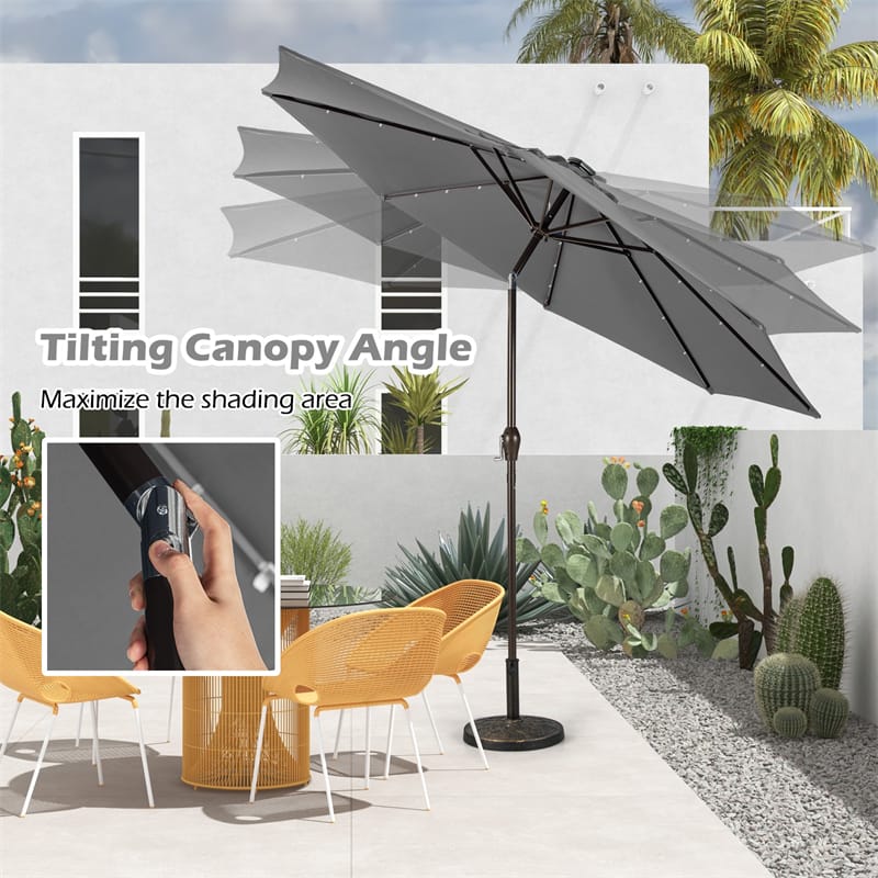 10FT Patio Umbrella with Solar LED Lights & Crank, Easy Tilt Outdoor Market Umbrella for Backyard, Poolside, Deck