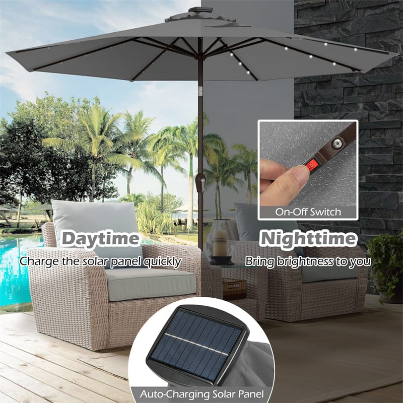 10FT Patio Umbrella with Solar LED Lights & Crank, Easy Tilt Outdoor Market Umbrella for Backyard, Poolside, Deck