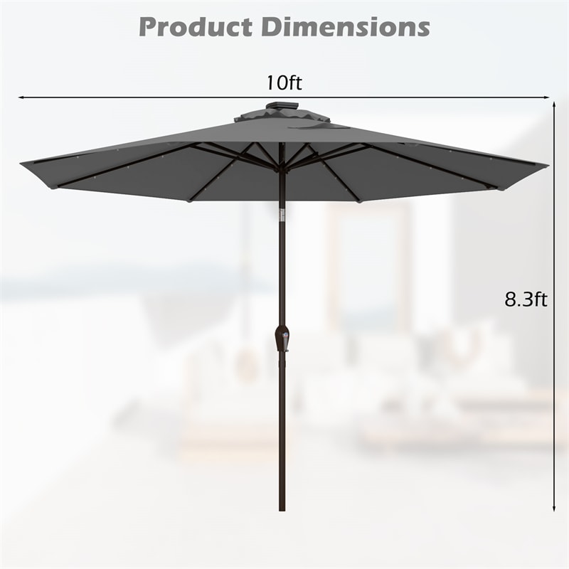 10FT Patio Umbrella with Solar LED Lights & Crank, Easy Tilt Outdoor Market Umbrella for Backyard, Poolside, Deck