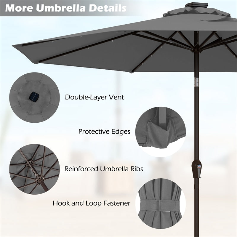 10FT Patio Umbrella with Solar LED Lights & Crank, Easy Tilt Outdoor Market Umbrella for Backyard, Poolside, Deck