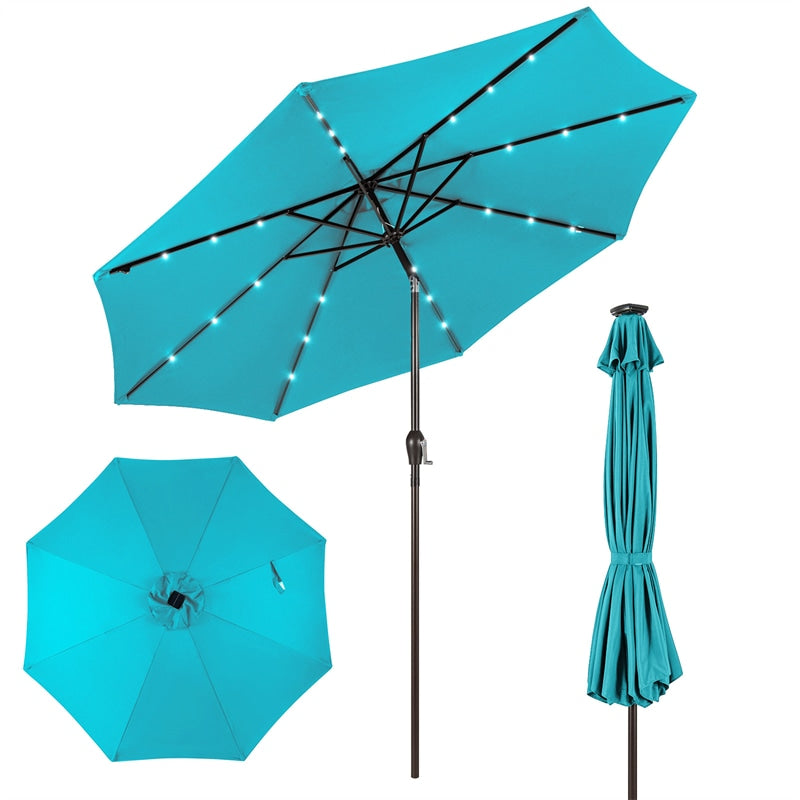 10FT Patio Umbrella with Solar LED Lights & Crank, Easy Tilt Outdoor Market Umbrella for Backyard, Poolside, Deck