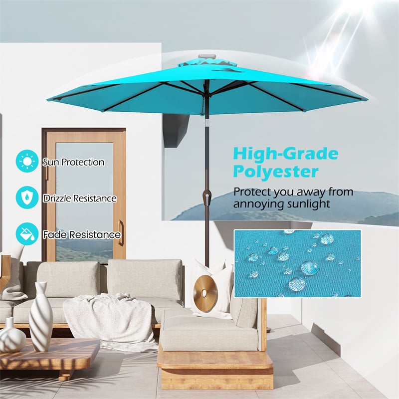 10FT Patio Umbrella with Solar LED Lights & Crank, Easy Tilt Outdoor Market Umbrella for Backyard, Poolside, Deck