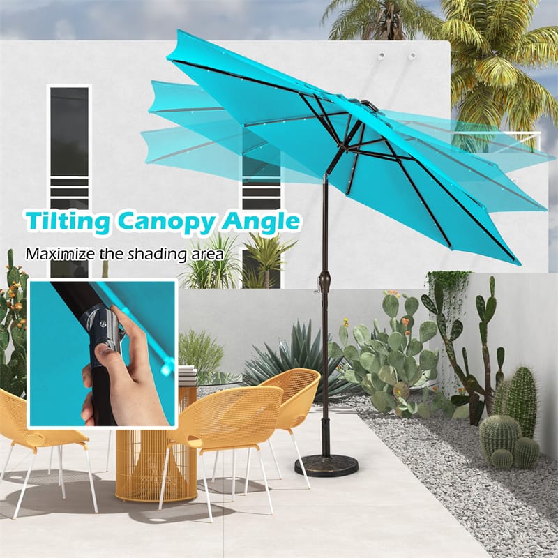 10FT Patio Umbrella with Solar LED Lights & Crank, Easy Tilt Outdoor Market Umbrella for Backyard, Poolside, Deck