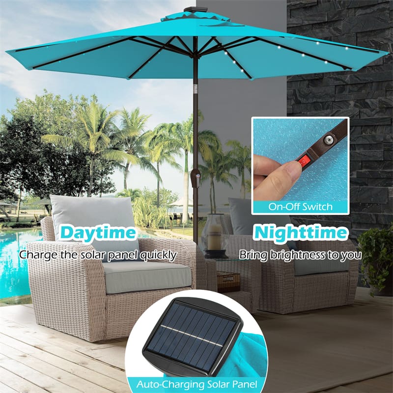 10FT Patio Umbrella with Solar LED Lights & Crank, Easy Tilt Outdoor Market Umbrella for Backyard, Poolside, Deck