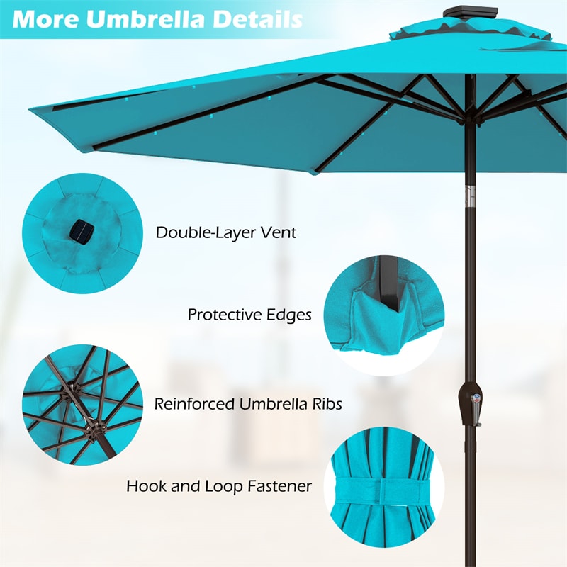10FT Patio Umbrella with Solar LED Lights & Crank, Easy Tilt Outdoor Market Umbrella for Backyard, Poolside, Deck