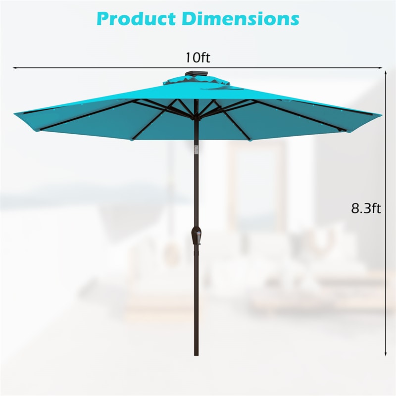 10FT Patio Umbrella with Solar LED Lights & Crank, Easy Tilt Outdoor Market Umbrella for Backyard, Poolside, Deck
