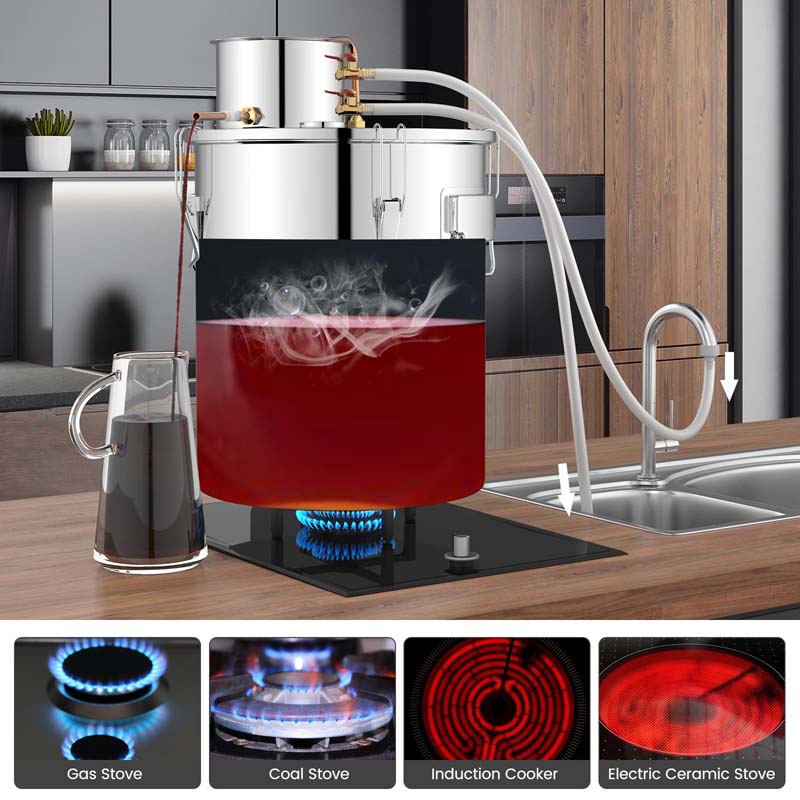 5/10 Gal Alcohol Still, 2 Pots Stainless Steel Water Alcohol Distiller with Copper Tube, Multi-purpose Home Brewing Kit for DIY Whiskey Brandy