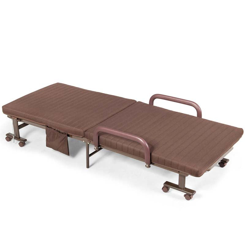 Folding Rollaway Bed with Mattress & Wheels for Adults, Portable Foldable Guest Bed with Adjustable 6 Position & Side Storage Pocket