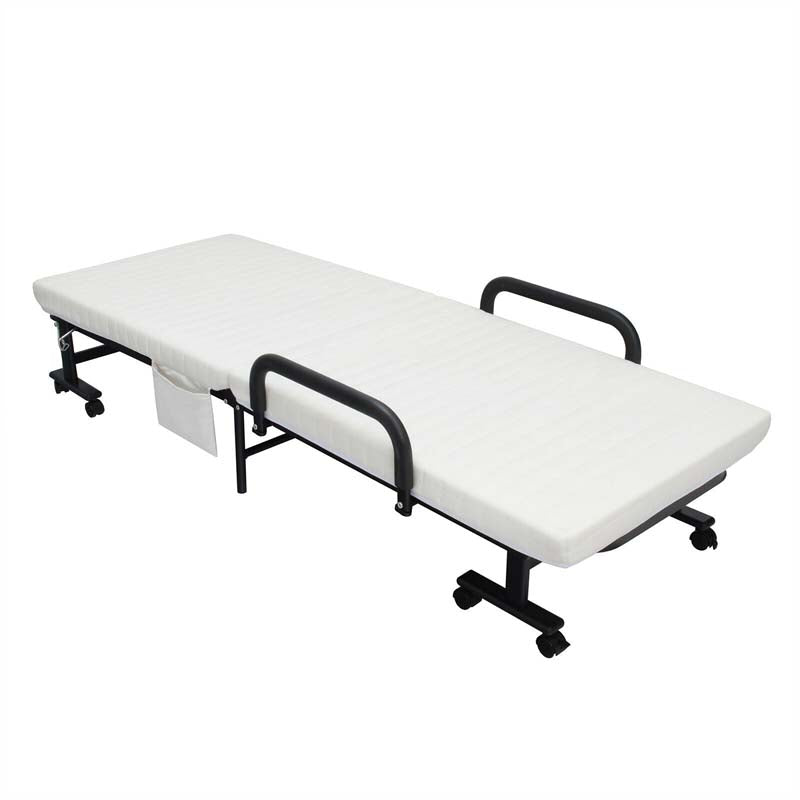 Folding Rollaway Bed with Mattress & Wheels for Adults, Portable Foldable Guest Bed with Adjustable 6 Position & Side Storage Pocket