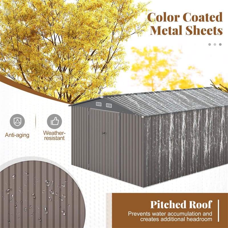 10x14 FT Outdoor Storage Shed, Large Garden Tool House with Improved Windproof Metal Structure, Lockable Door, 4 Vents & Waterproof for Patio Backyard