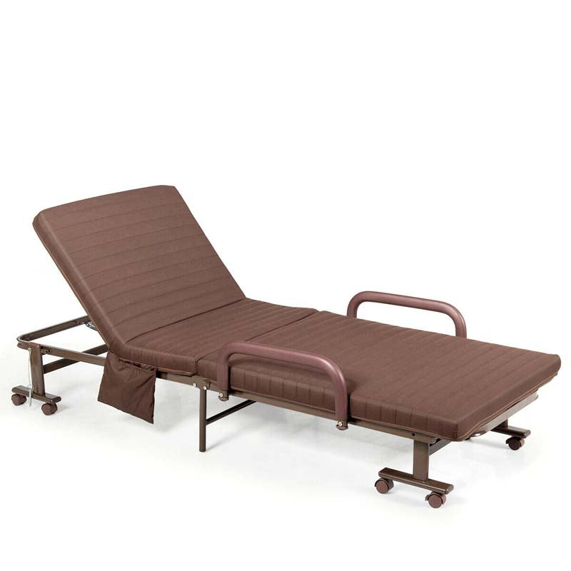 Folding Rollaway Bed with Mattress & Wheels for Adults, Portable Foldable Guest Bed with Adjustable 6 Position & Side Storage Pocket