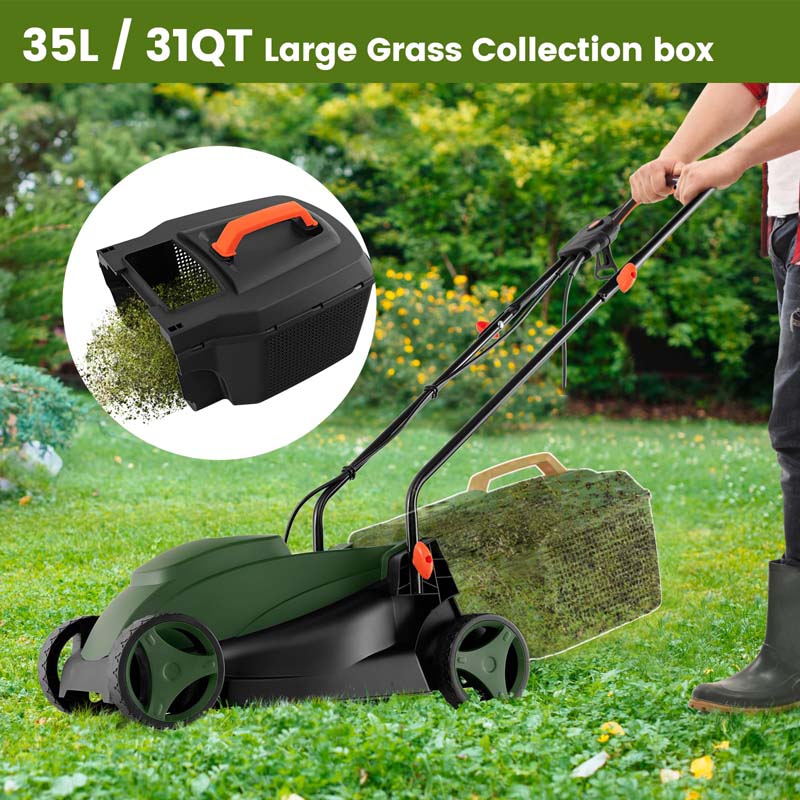 12 AMP 14" Electric Push Lawn Mower 2-in-1 Walk-Behind Lawnmower with Collection Box, 3 Adjustable Height Position