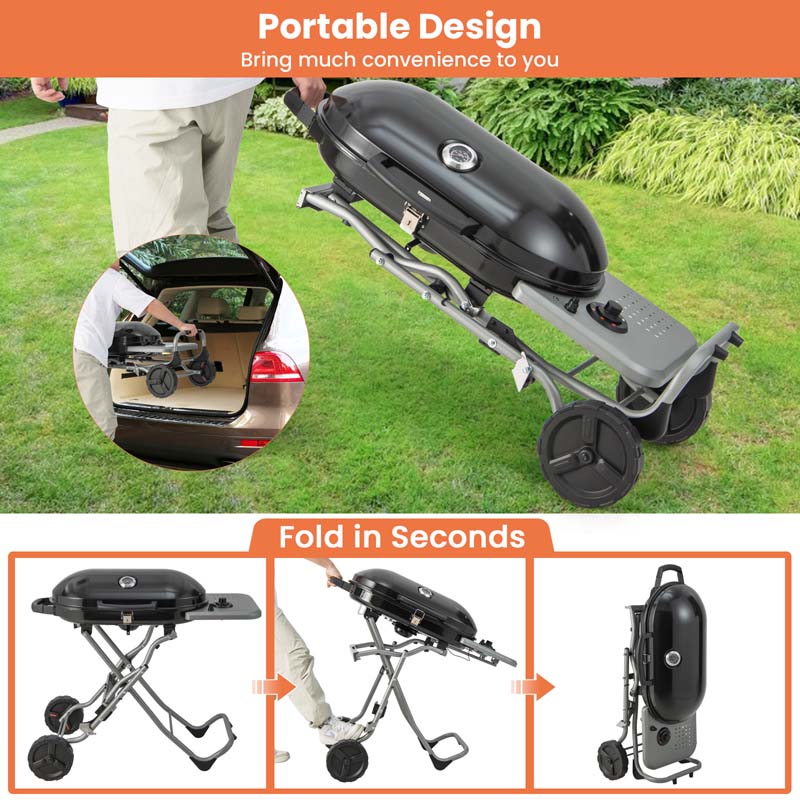 Portable Propane Gas Grill with 15,000 BTU Burner & Side Tables, Stand-Up Folding Gas Griddle on Wheels for Camping, Outdoor Cooking, Backyard BBQ
