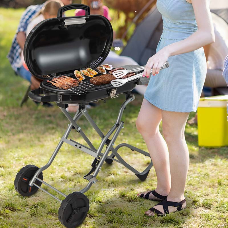 15,000 BTU Folding Stand-Up Gas Grill for Outdoor Cooking Camping, Portable Propane BBQ Grill with Side Table, 2 Wheels, Grease Tray