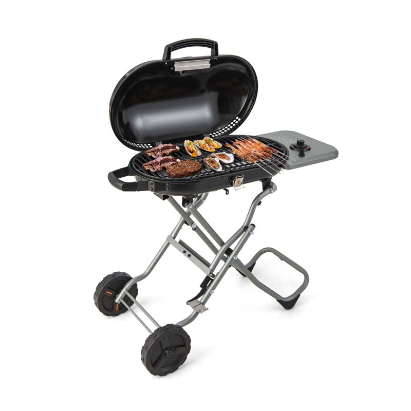 Portable Propane Gas Grill with 15,000 BTU Burner & Side Tables, Stand-Up Folding Gas Griddle on Wheels for Camping, Outdoor Cooking, Backyard BBQ