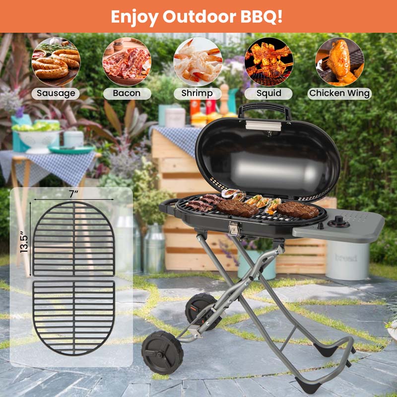 Portable Propane Gas Grill with 15,000 BTU Burner & Side Tables, Stand-Up Folding Gas Griddle on Wheels for Camping, Outdoor Cooking, Backyard BBQ
