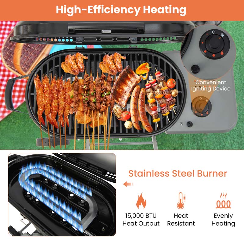 Portable Propane Gas Grill with 15,000 BTU Burner & Side Tables, Stand-Up Folding Gas Griddle on Wheels for Camping, Outdoor Cooking, Backyard BBQ