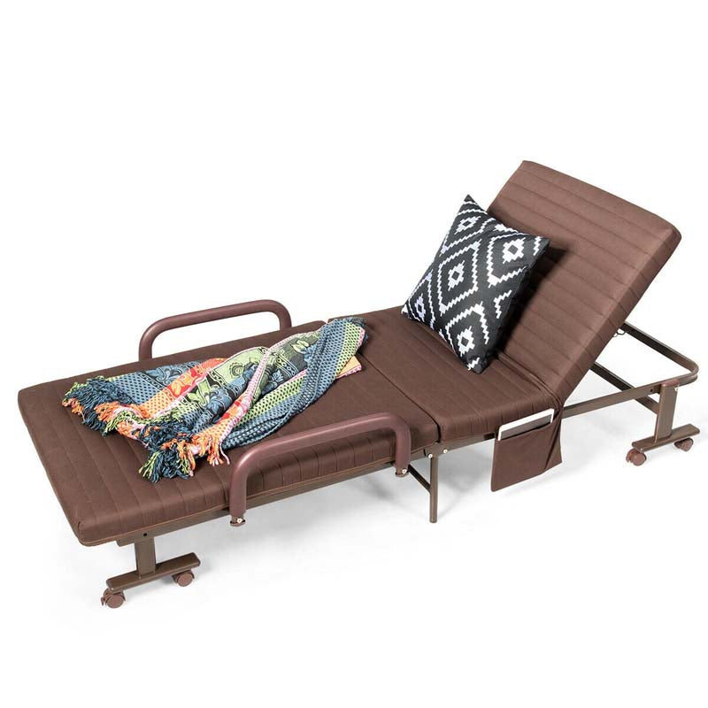 Folding Rollaway Bed with Mattress & Wheels for Adults, Portable Foldable Guest Bed with Adjustable 6 Position & Side Storage Pocket