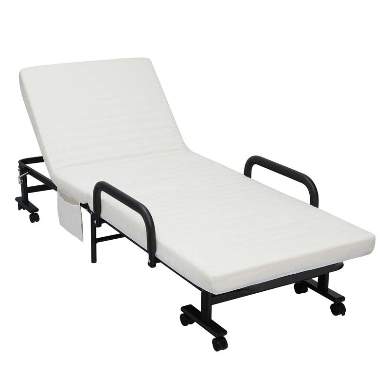 Folding Rollaway Bed with Mattress & Wheels for Adults, Portable Foldable Guest Bed with Adjustable 6 Position & Side Storage Pocket