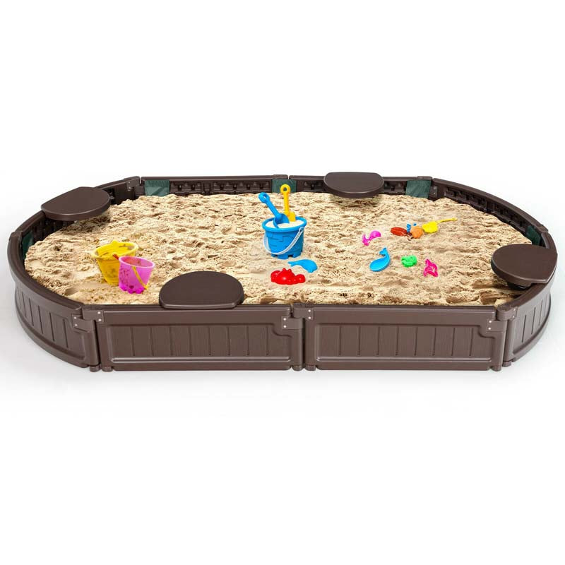 6FT Oval Outdoor Sandbox with Cover, Built-in Corner Seat & Bottom Liner, All Weather Kids Sand Play Station for Backyard Beach